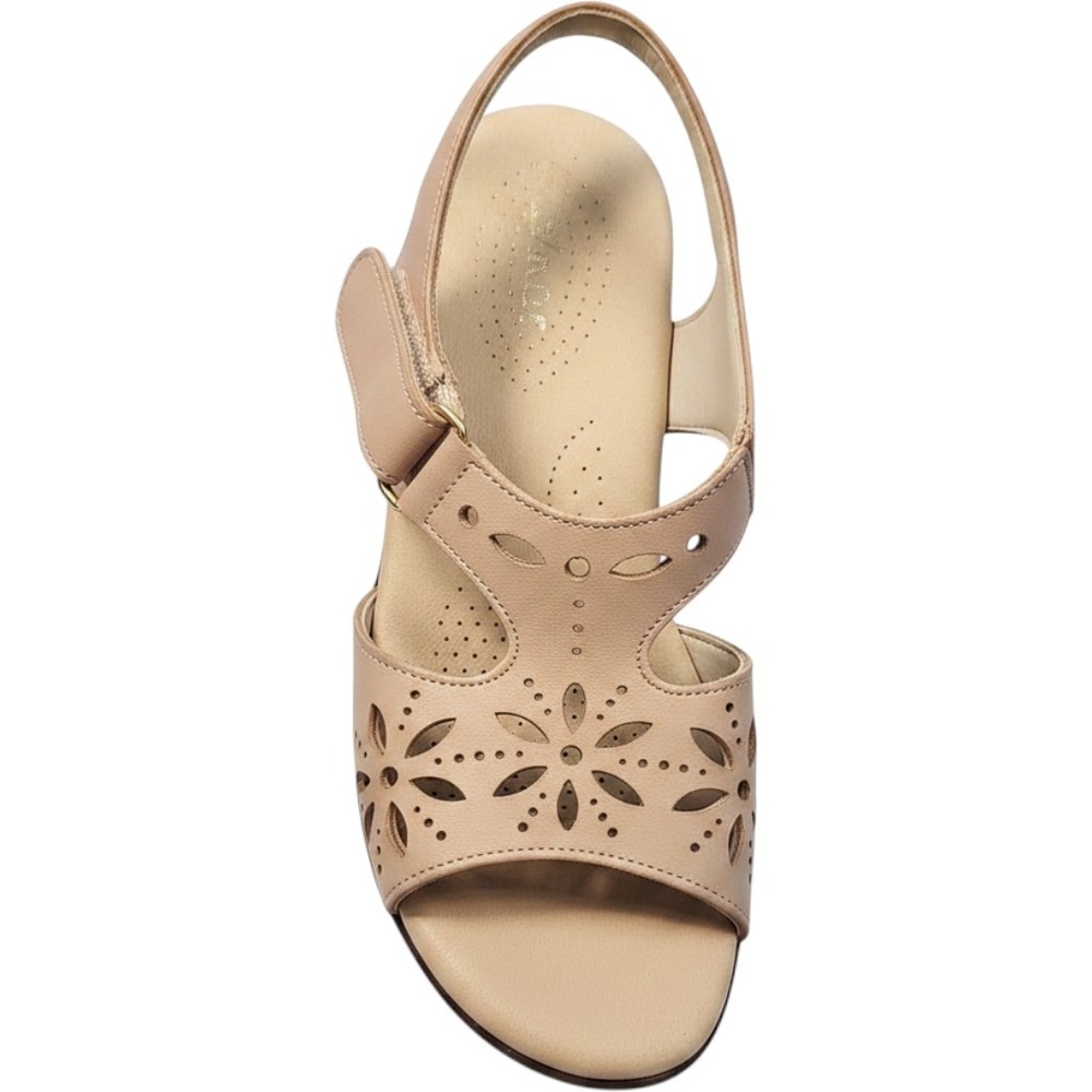 SAS Tripad Comfort Womens Beige Leather Floral Laser Cut Slingback Wedge Sandals